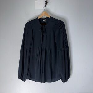 Joie Tie Neck Keyhole Silk Ballon Sleeve Blouse Black Pleated Small